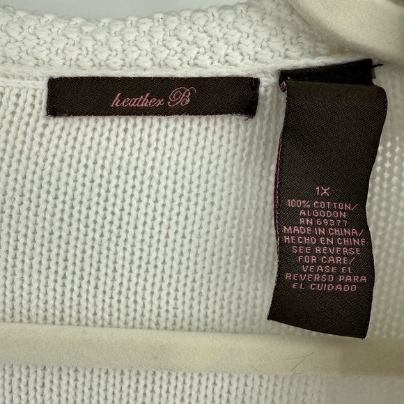 Heather B White Textured Cable Knit Button Front Cardigan 100% Cotton 3/4 Sleeve - Picture 6 of 6